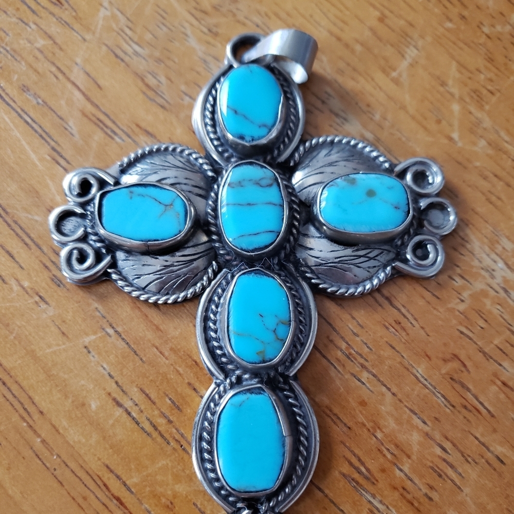 Turquoise Stone Cross Pendant - Sterling-Style Women Jewelry